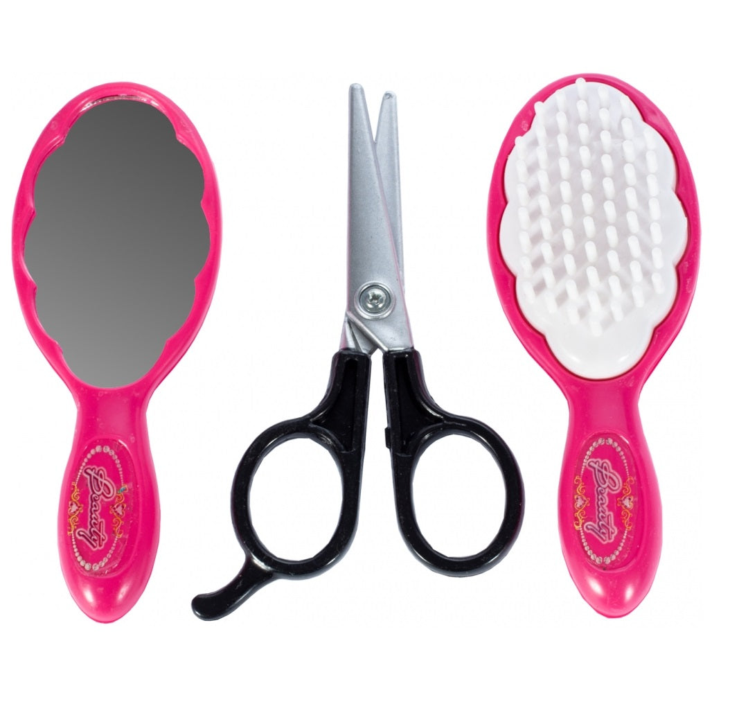 Set complet de Styling pentru fete idealSTORE, BEAUTY FASHION BARBER, Echipat cu 13 accesorii simbolice ce vor difersifica distractia, Kitul sustine invatarea echipamentelor de coafura si a abilitatilor motorii