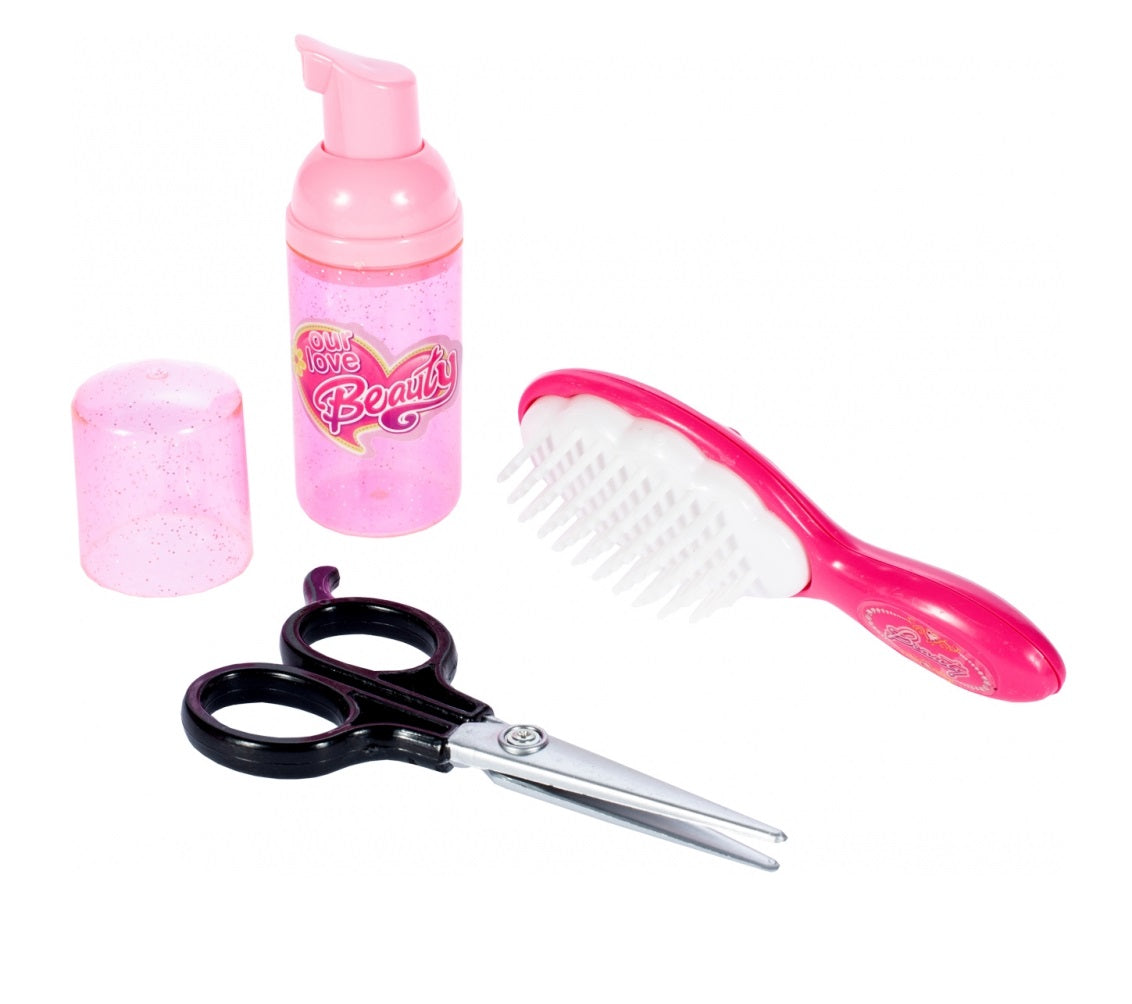 Set complet de Styling pentru fete idealSTORE, BEAUTY FASHION BARBER, Echipat cu 13 accesorii simbolice ce vor difersifica distractia, Kitul sustine invatarea echipamentelor de coafura si a abilitatilor motorii