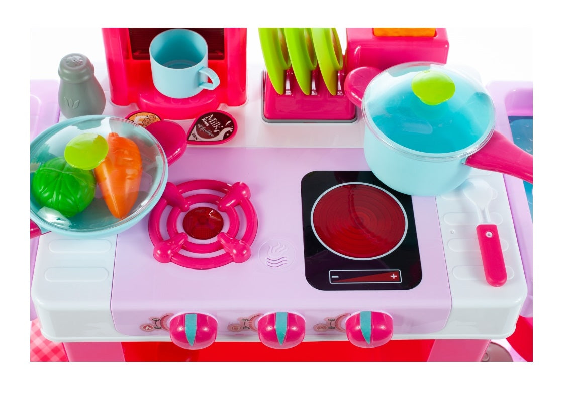Bucatarie Multifunctioanala pentru copii Candy KIDS CHEF, Inaltime 87 cm, Accesorizata cu elemente simbolice, Aragaz, Cuptor, chiuveta, Expresor de cafea, oale, farfurii, tacamuri si produse alimentare, Dezvolta abilitatile manuale prin jocul de rol