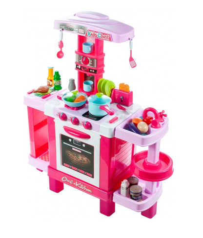 Bucatarie Multifunctioanala pentru copii Candy KIDS CHEF, Inaltime 87 cm, Accesorizata cu elemente simbolice, Aragaz, Cuptor, chiuveta, Expresor de cafea, oale, farfurii, tacamuri si produse alimentare, Dezvolta abilitatile manuale prin jocul de rol