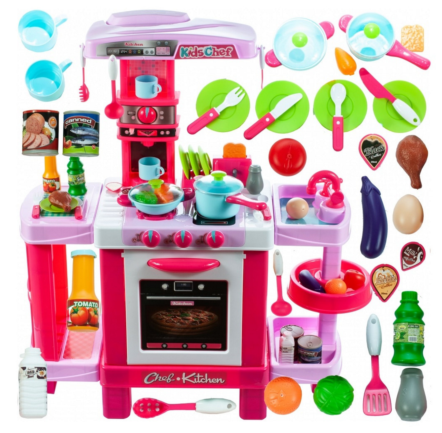 Bucatarie Multifunctioanala pentru copii Candy KIDS CHEF, Inaltime 87 cm, Accesorizata cu elemente simbolice, Aragaz, Cuptor, chiuveta, Expresor de cafea, oale, farfurii, tacamuri si produse alimentare, Dezvolta abilitatile manuale prin jocul de rol