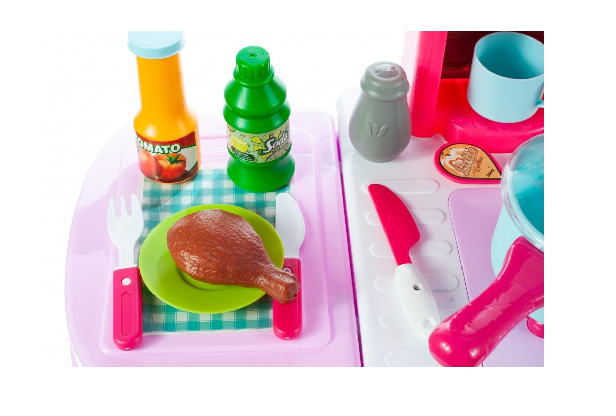 Bucatarie Multifunctioanala pentru copii Candy KIDS CHEF, Inaltime 87 cm, Accesorizata cu elemente simbolice, Aragaz, Cuptor, chiuveta, Expresor de cafea, oale, farfurii, tacamuri si produse alimentare, Dezvolta abilitatile manuale prin jocul de rol