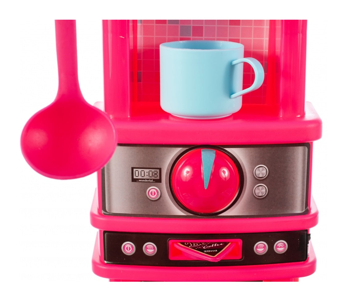 Bucatarie Multifunctioanala pentru copii Candy KIDS CHEF, Inaltime 87 cm, Accesorizata cu elemente simbolice, Aragaz, Cuptor, chiuveta, Expresor de cafea, oale, farfurii, tacamuri si produse alimentare, Dezvolta abilitatile manuale prin jocul de rol