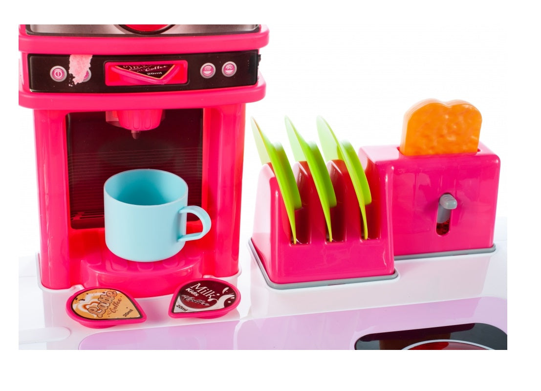 Bucatarie Multifunctioanala pentru copii Candy KIDS CHEF, Inaltime 87 cm, Accesorizata cu elemente simbolice, Aragaz, Cuptor, chiuveta, Expresor de cafea, oale, farfurii, tacamuri si produse alimentare, Dezvolta abilitatile manuale prin jocul de rol