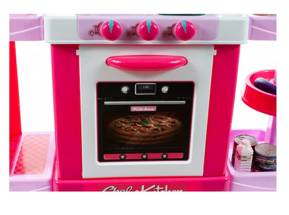 Bucatarie Multifunctioanala pentru copii Candy KIDS CHEF, Inaltime 87 cm, Accesorizata cu elemente simbolice, Aragaz, Cuptor, chiuveta, Expresor de cafea, oale, farfurii, tacamuri si produse alimentare, Dezvolta abilitatile manuale prin jocul de rol