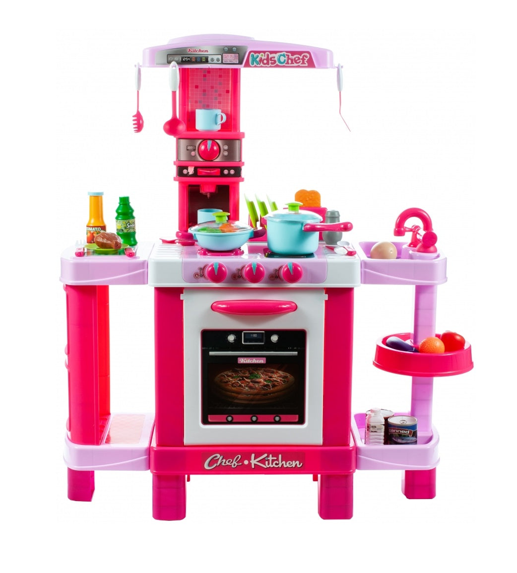 Bucatarie Multifunctioanala pentru copii Candy KIDS CHEF, Inaltime 87 cm, Accesorizata cu elemente simbolice, Aragaz, Cuptor, chiuveta, Expresor de cafea, oale, farfurii, tacamuri si produse alimentare, Dezvolta abilitatile manuale prin jocul de rol