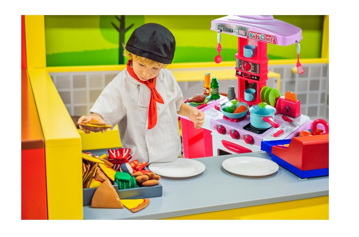 Bucatarie Multifunctioanala pentru copii Candy KIDS CHEF, Inaltime 87 cm, Accesorizata cu elemente simbolice, Aragaz, Cuptor, chiuveta, Expresor de cafea, oale, farfurii, tacamuri si produse alimentare, Dezvolta abilitatile manuale prin jocul de rol