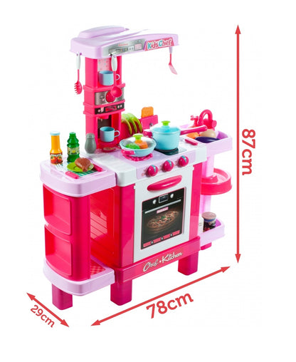Bucatarie Multifunctioanala pentru copii Candy KIDS CHEF, Inaltime 87 cm, Accesorizata cu elemente simbolice, Aragaz, Cuptor, chiuveta, Expresor de cafea, oale, farfurii, tacamuri si produse alimentare, Dezvolta abilitatile manuale prin jocul de rol