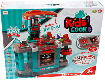 Bucatarie Multifunctioanala pentru copii idealSTORE LITTLE COOK, Dimensiuni 87 x 78 x 29 cm, Accesorizata cu elemente simbolice, Aragaz, Cuptor, chiuveta, oale, farfurii, tacamuri si produse alimentare, Dezvolta la copii imaginatia si creativitatea