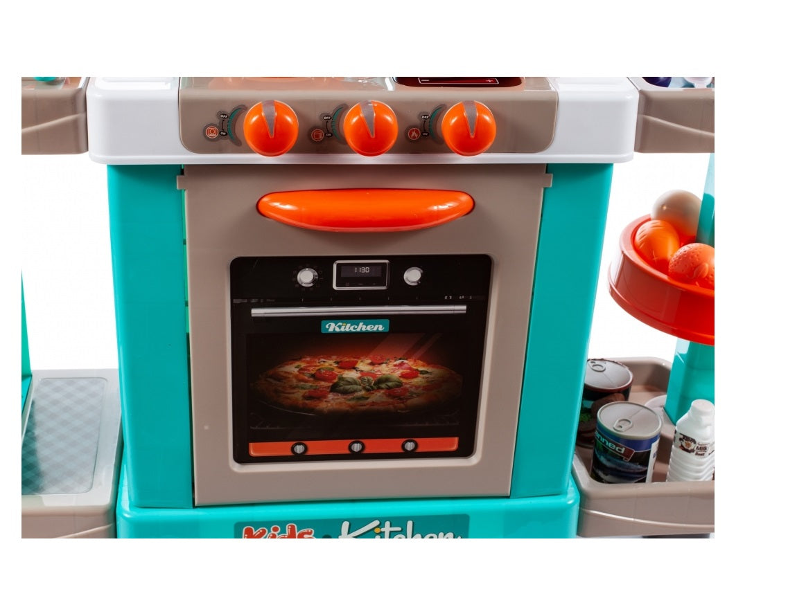 Bucatarie Multifunctioanala pentru copii idealSTORE LITTLE COOK, Dimensiuni 87 x 78 x 29 cm, Accesorizata cu elemente simbolice, Aragaz, Cuptor, chiuveta, oale, farfurii, tacamuri si produse alimentare, Dezvolta la copii imaginatia si creativitatea