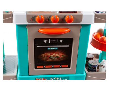 Bucatarie Multifunctioanala pentru copii idealSTORE LITTLE COOK, Dimensiuni 87 x 78 x 29 cm, Accesorizata cu elemente simbolice, Aragaz, Cuptor, chiuveta, oale, farfurii, tacamuri si produse alimentare, Dezvolta la copii imaginatia si creativitatea