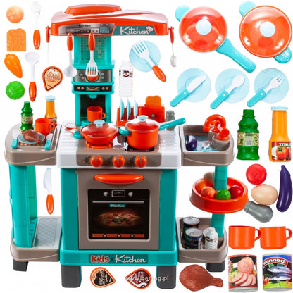 Bucatarie Multifunctioanala pentru copii idealSTORE LITTLE COOK, Dimensiuni 87 x 78 x 29 cm, Accesorizata cu elemente simbolice, Aragaz, Cuptor, chiuveta, oale, farfurii, tacamuri si produse alimentare, Dezvolta la copii imaginatia si creativitatea