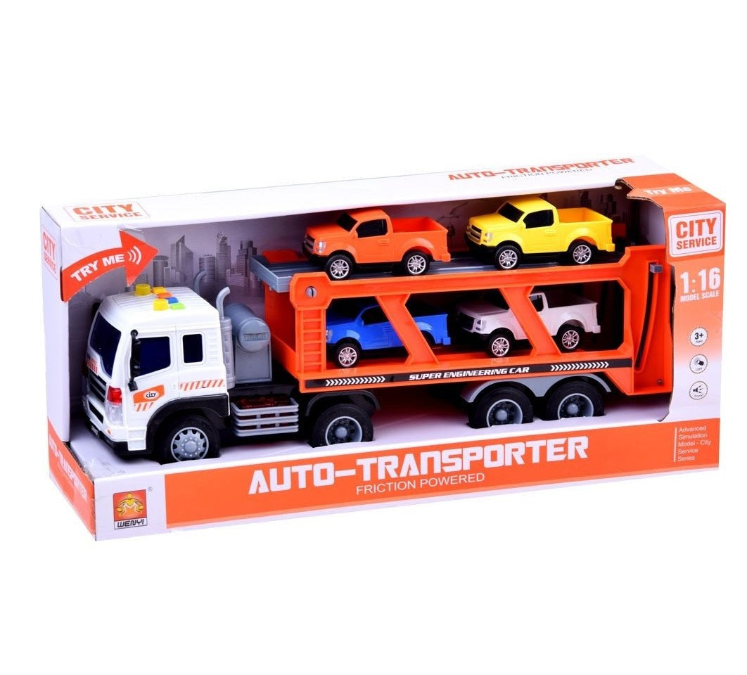 Camion interactiv cu Remorca idealSTORE Double Truck, Scara 1:16, Dimensiuni 38 x 8.5 x 12 cm, Include 4 masini, Efecte sonore si luminoase, Ofera distractie creativa