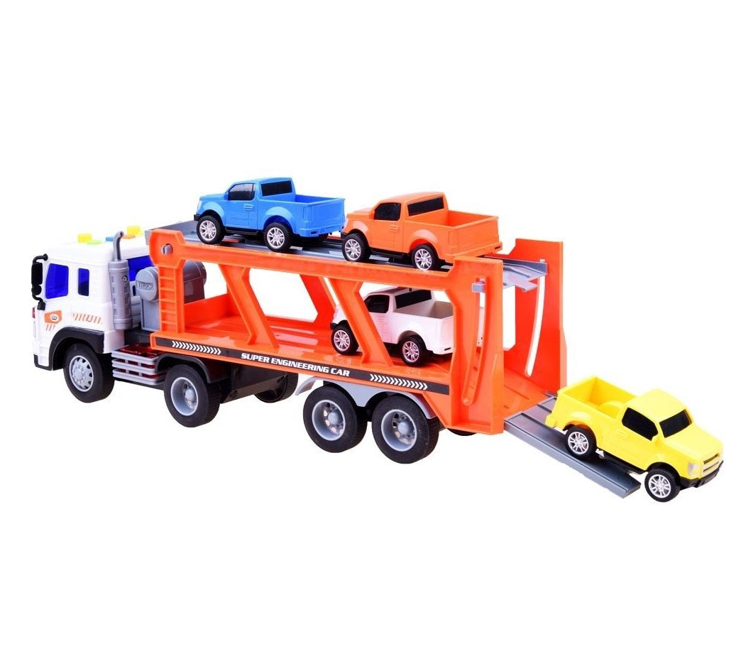 Camion interactiv cu Remorca idealSTORE Double Truck, Scara 1:16, Dimensiuni 38 x 8.5 x 12 cm, Include 4 masini, Efecte sonore si luminoase, Ofera distractie creativa