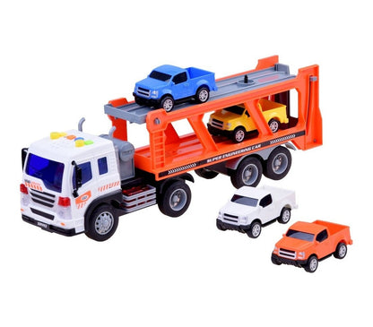 Camion interactiv cu Remorca idealSTORE Double Truck, Scara 1:16, Dimensiuni 38 x 8.5 x 12 cm, Include 4 masini, Efecte sonore si luminoase, Ofera distractie creativa