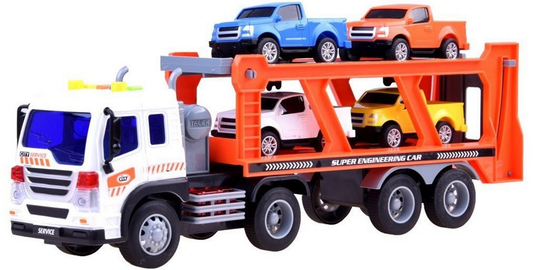 Camion interactiv cu Remorca idealSTORE Double Truck, Scara 1:16, Dimensiuni 38 x 8.5 x 12 cm, Include 4 masini, Efecte sonore si luminoase, Ofera distractie creativa