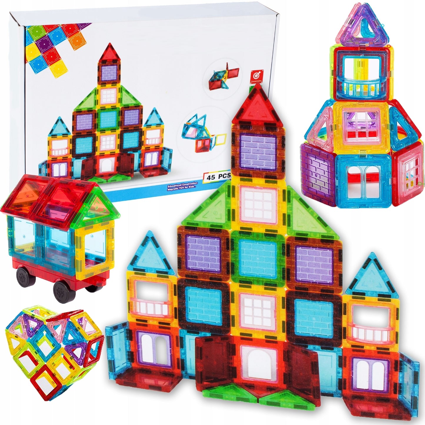 Set Inteligent de constructie IdealStore 3D Magnetic Fun, 45 de Piese Multicolore, Educativ- Creativ, Stimularea gandirea