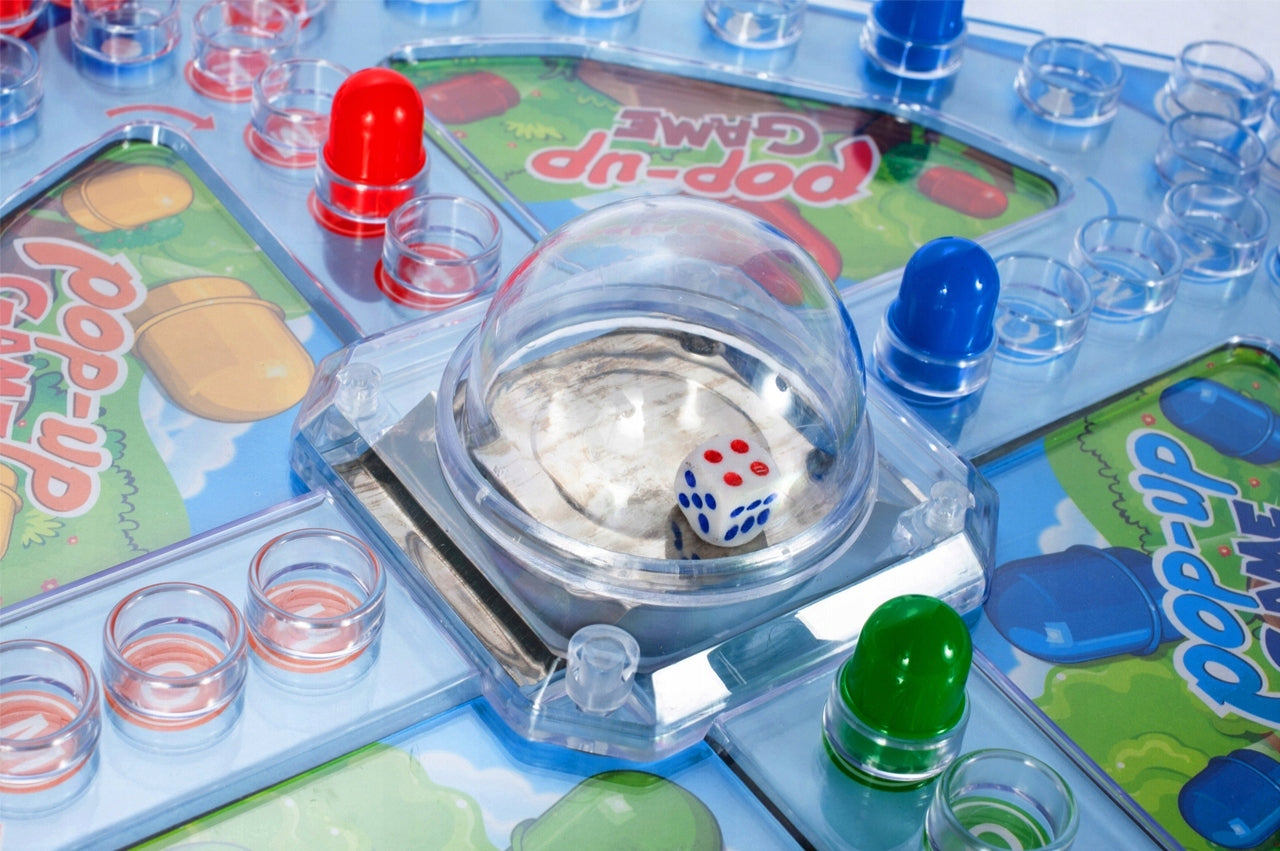 Joc de Familie POP-UP Game idealStore, Tabla de Joc Colorata, Dimensiuni 26 x 26 cm, 16 Piese Colorate, Zaruri Incluse, Joc Interactiv si Distractiv