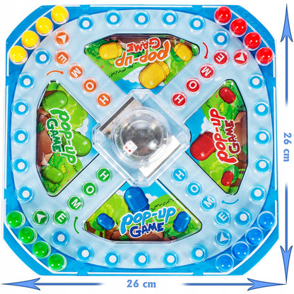 Joc de Familie POP-UP Game idealStore, Tabla de Joc Colorata, Dimensiuni 26 x 26 cm, 16 Piese Colorate, Zaruri Incluse, Joc Interactiv si Distractiv