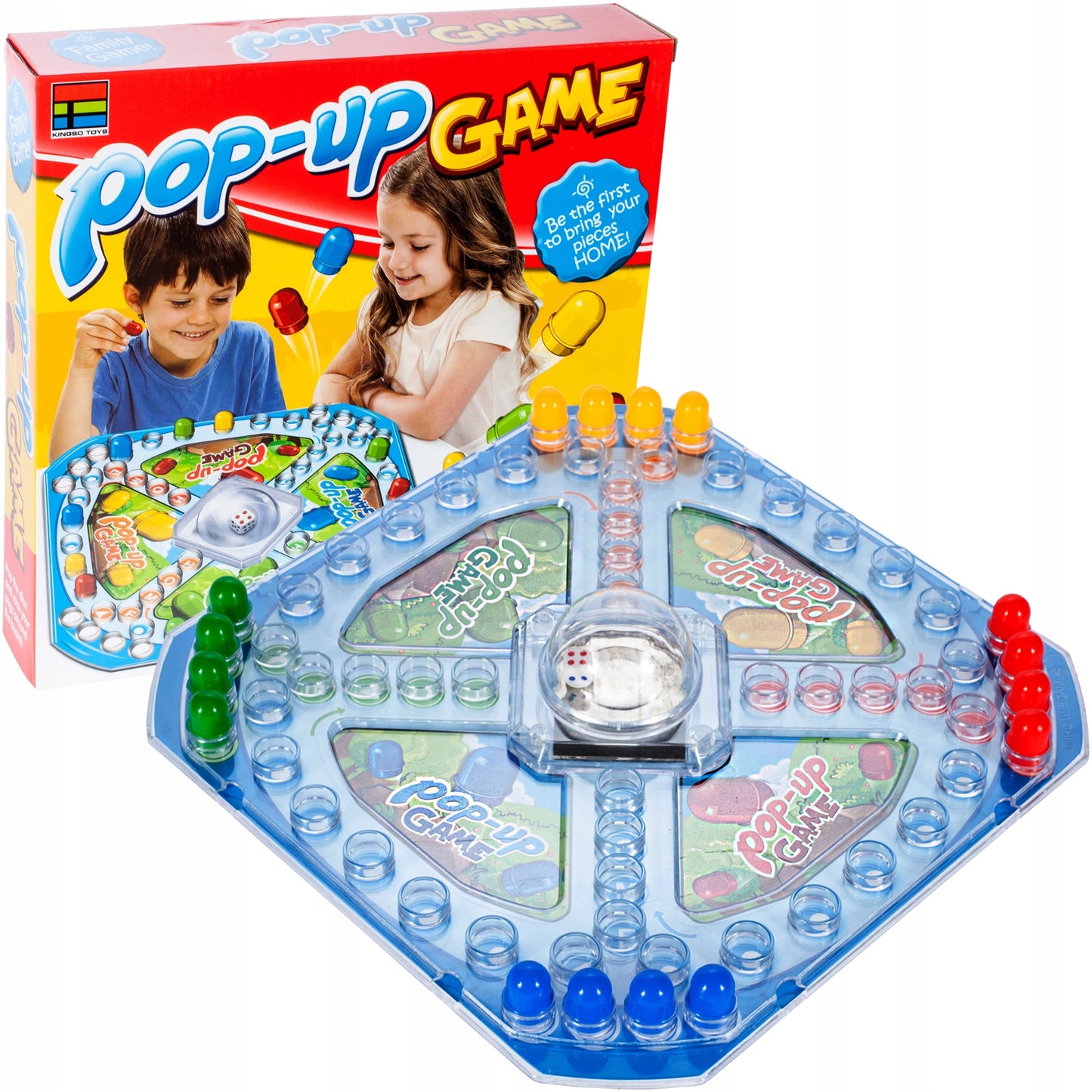 Joc de Familie POP-UP Game idealStore, Tabla de Joc Colorata, Dimensiuni 26 x 26 cm, 16 Piese Colorate, Zaruri Incluse, Joc Interactiv si Distractiv