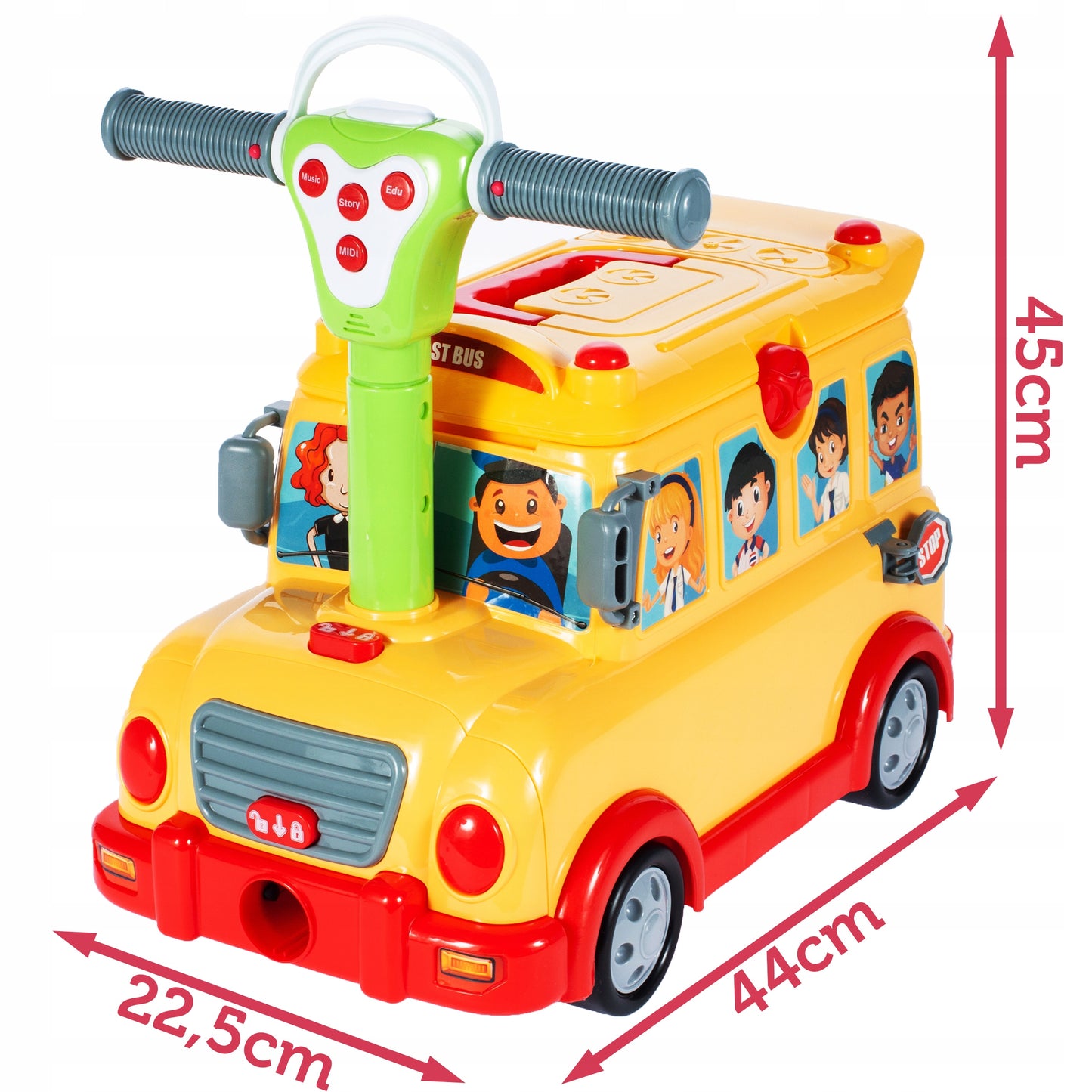 Jucarie Interactiva 3 in 1 cu sunete si lumini idealSTORE RIDE ON FUNNY BUS, Dimenisunile masinii 6.5 x 5 x 4.5 cm, Accesorizat cu o multime de gadgeturi distractive si elemente educative, Joaca rolul unui garaj si al unei valize pe roti