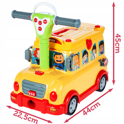 Jucarie Interactiva 3 in 1 cu sunete si lumini idealSTORE RIDE ON FUNNY BUS, Dimenisunile masinii 6.5 x 5 x 4.5 cm, Accesorizat cu o multime de gadgeturi distractive si elemente educative, Joaca rolul unui garaj si al unei valize pe roti