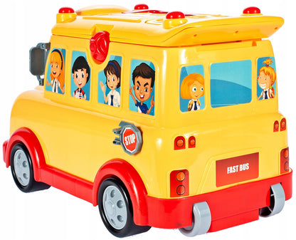 Jucarie Interactiva 3 in 1 cu sunete si lumini idealSTORE RIDE ON FUNNY BUS, Dimenisunile masinii 6.5 x 5 x 4.5 cm, Accesorizat cu o multime de gadgeturi distractive si elemente educative, Joaca rolul unui garaj si al unei valize pe roti