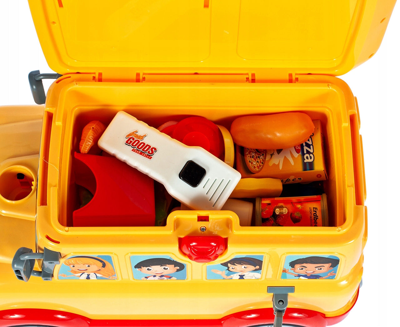 Jucarie Interactiva 3 in 1 cu sunete si lumini idealSTORE RIDE ON FUNNY BUS, Dimenisunile masinii 6.5 x 5 x 4.5 cm, Accesorizat cu o multime de gadgeturi distractive si elemente educative, Joaca rolul unui garaj si al unei valize pe roti