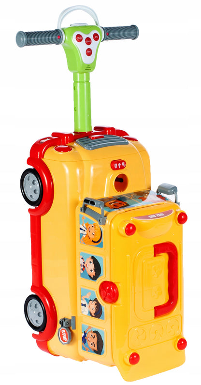 Jucarie Interactiva 3 in 1 cu sunete si lumini idealSTORE RIDE ON FUNNY BUS, Dimenisunile masinii 6.5 x 5 x 4.5 cm, Accesorizat cu o multime de gadgeturi distractive si elemente educative, Joaca rolul unui garaj si al unei valize pe roti