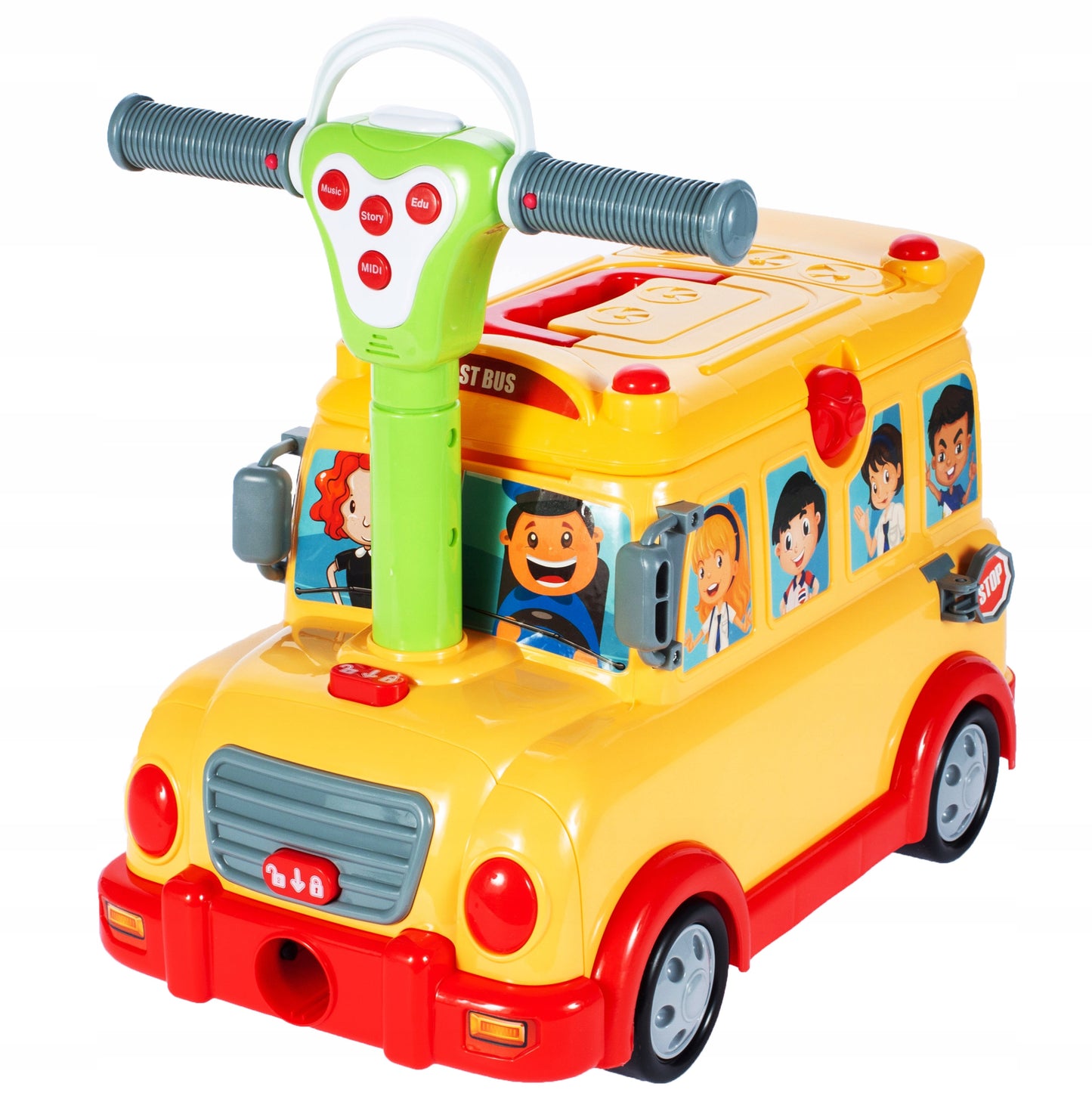 Jucarie Interactiva 3 in 1 cu sunete si lumini idealSTORE RIDE ON FUNNY BUS, Dimenisunile masinii 6.5 x 5 x 4.5 cm, Accesorizat cu o multime de gadgeturi distractive si elemente educative, Joaca rolul unui garaj si al unei valize pe roti