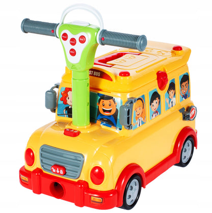 Jucarie Interactiva 3 in 1 cu sunete si lumini idealSTORE RIDE ON FUNNY BUS, Dimenisunile masinii 6.5 x 5 x 4.5 cm, Accesorizat cu o multime de gadgeturi distractive si elemente educative, Joaca rolul unui garaj si al unei valize pe roti