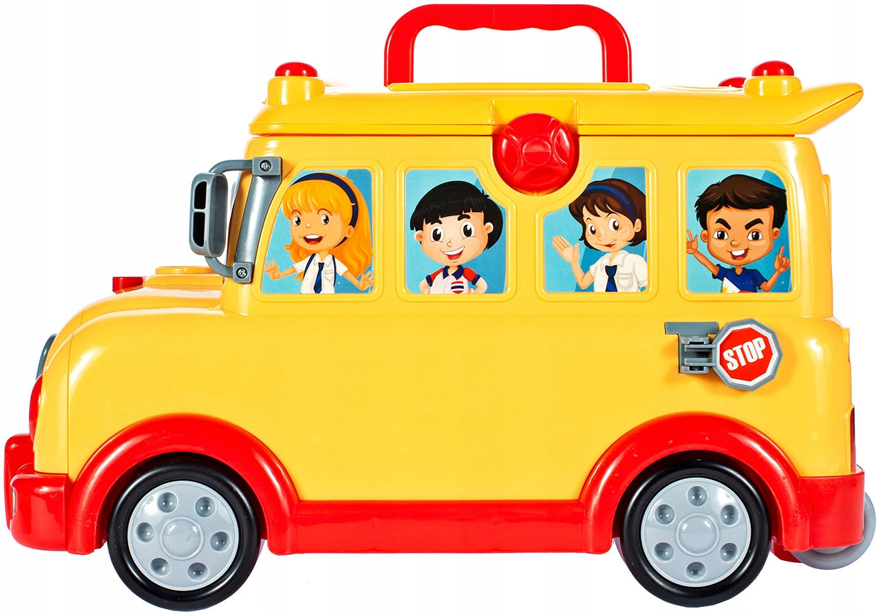 Jucarie Interactiva 3 in 1 cu sunete si lumini idealSTORE RIDE ON FUNNY BUS, Dimenisunile masinii 6.5 x 5 x 4.5 cm, Accesorizat cu o multime de gadgeturi distractive si elemente educative, Joaca rolul unui garaj si al unei valize pe roti