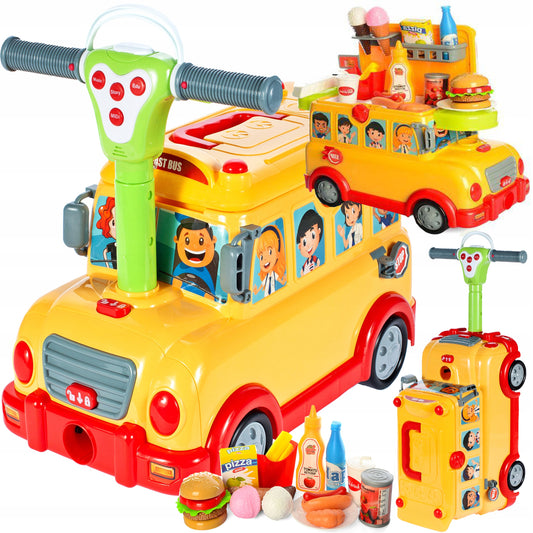 Jucarie Interactiva 3 in 1 cu sunete si lumini idealSTORE RIDE ON FUNNY BUS, Dimenisunile masinii 6.5 x 5 x 4.5 cm, Accesorizat cu o multime de gadgeturi distractive si elemente educative, Joaca rolul unui garaj si al unei valize pe roti