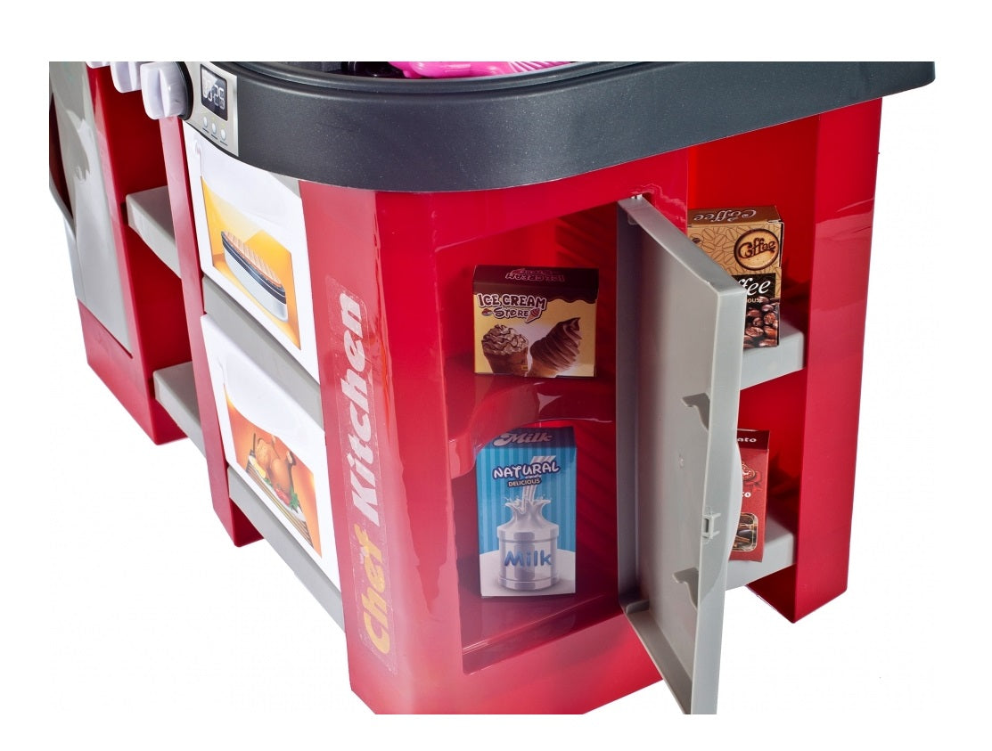 Bucatarie Multifunctionala pentru copii, Chef Junior Kitchen, 84 cm Inaltime, Dotata cu o multitudine de elemente simbolice ce dezvolta aptitudinile manuale a orcarui mic gospodar, Accesorizata cu chiuveta si robinet functional ce sporesc creativitatea