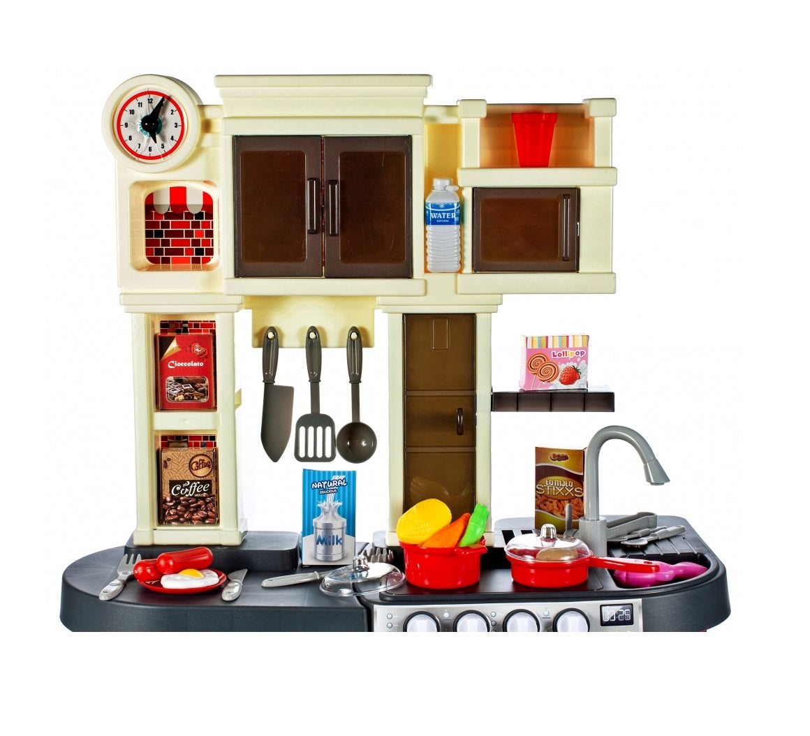 Bucatarie Multifunctionala pentru copii, Chef Junior Kitchen, 84 cm Inaltime, Dotata cu o multitudine de elemente simbolice ce dezvolta aptitudinile manuale a orcarui mic gospodar, Accesorizata cu chiuveta si robinet functional ce sporesc creativitatea