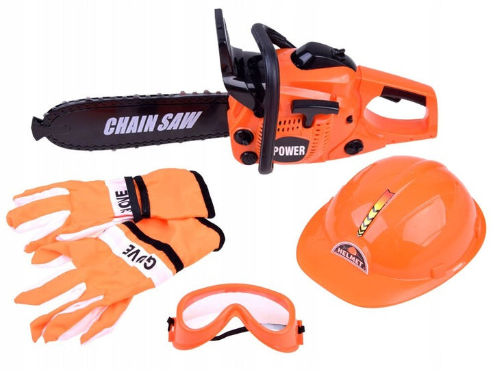 Set taietor de lemne cu drujba idealSTORE FOREST RANGER, Dimensiuni 40 x 15 x 10, Include o casca de protectie, manusi si ochelari de protectie, Ideal pentru micul ajutor