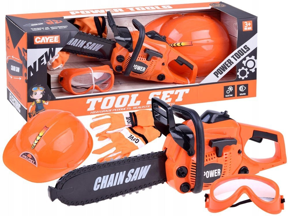 Set taietor de lemne cu drujba idealSTORE FOREST RANGER, Dimensiuni 40 x 15 x 10, Include o casca de protectie, manusi si ochelari de protectie, Ideal pentru micul ajutor