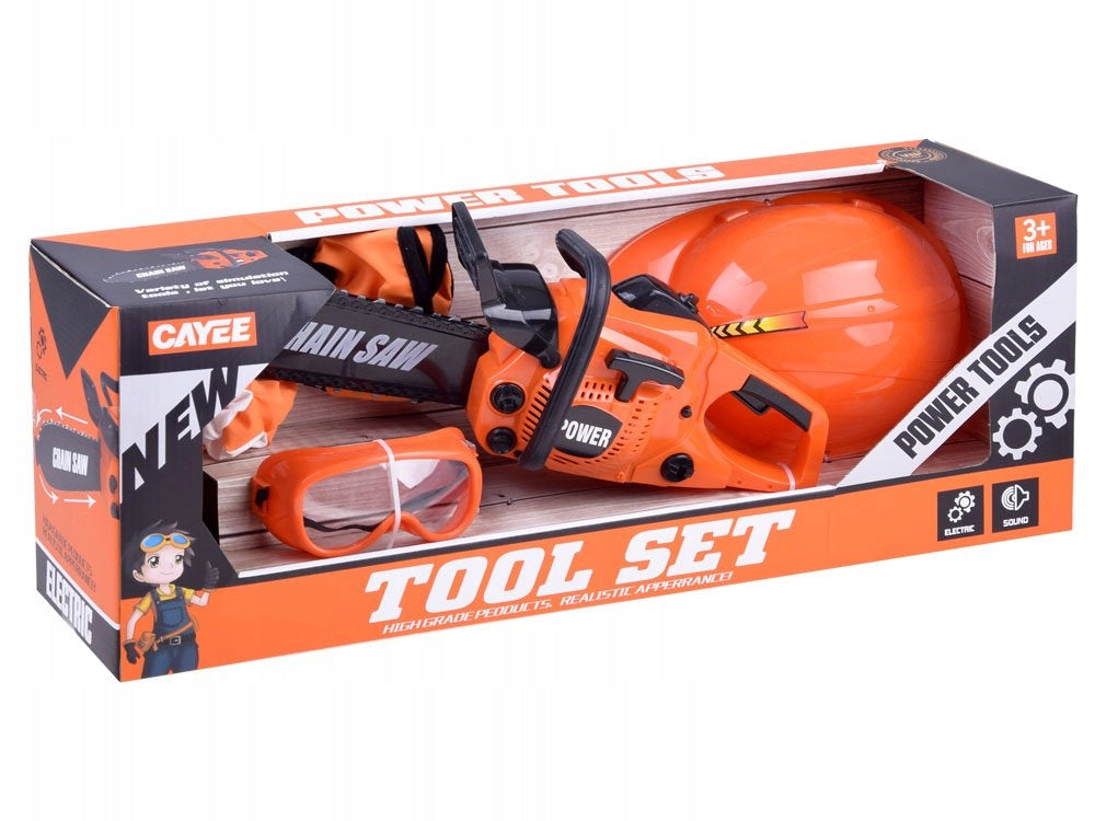 Set taietor de lemne cu drujba idealSTORE FOREST RANGER, Dimensiuni 40 x 15 x 10, Include o casca de protectie, manusi si ochelari de protectie, Ideal pentru micul ajutor