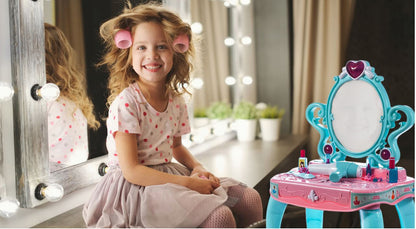 Masuta Make-up cu Pian Piano Dresser idealSTORE, Dimensiuni 73 x 43 x 31 cm, Include Jocuri de lumini si sunete, Pieptene, Bratari, Pian, Oglinda, Produse cosmetice