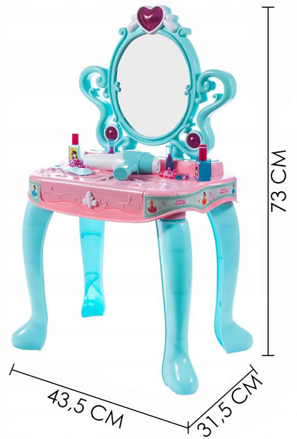 Masuta Make-up cu Pian Piano Dresser idealSTORE, Dimensiuni 73 x 43 x 31 cm, Include Jocuri de lumini si sunete, Pieptene, Bratari, Pian, Oglinda, Produse cosmetice