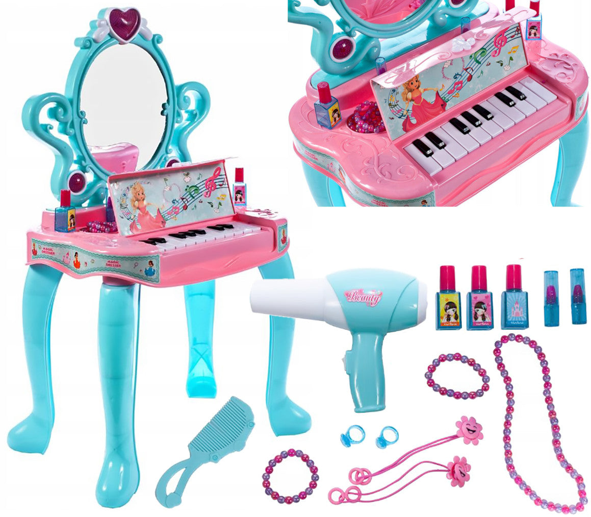 Masuta Make-up cu Pian Piano Dresser idealSTORE, Dimensiuni 73 x 43 x 31 cm, Include Jocuri de lumini si sunete, Pieptene, Bratari, Pian, Oglinda, Produse cosmetice