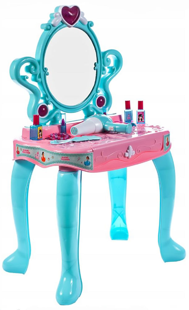 Masuta Make-up cu Pian Piano Dresser idealSTORE, Dimensiuni 73 x 43 x 31 cm, Include Jocuri de lumini si sunete, Pieptene, Bratari, Pian, Oglinda, Produse cosmetice