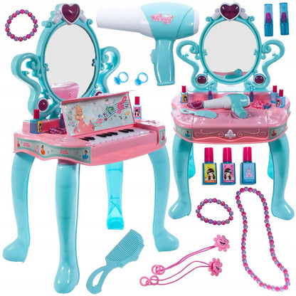 Masuta Make-up cu Pian Piano Dresser idealSTORE, Dimensiuni 73 x 43 x 31 cm, Include Jocuri de lumini si sunete, Pieptene, Bratari, Pian, Oglinda, Produse cosmetice