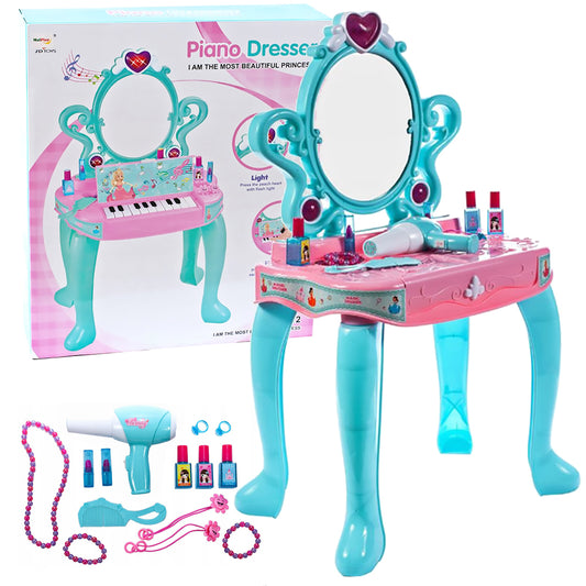 Masuta Make-up cu Pian Piano Dresser idealSTORE, Dimensiuni 73 x 43 x 31 cm, Include Jocuri de lumini si sunete, Pieptene, Bratari, Pian, Oglinda, Produse cosmetice