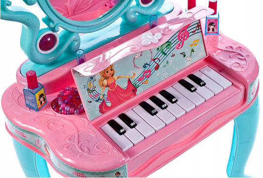 Masuta Make-up cu Pian Piano Dresser idealSTORE, Dimensiuni 73 x 43 x 31 cm, Include Jocuri de lumini si sunete, Pieptene, Bratari, Pian, Oglinda, Produse cosmetice