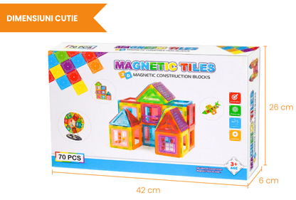 Set Inteligent de Constructie Magnetic IdealSTORE The World of Blocks 3D, dezvolta imaginatia si abilitatile mortice, numeroase posibilitati de construit, Educativ-Creativ, jucarie STEM, include 70 de piese multicolore