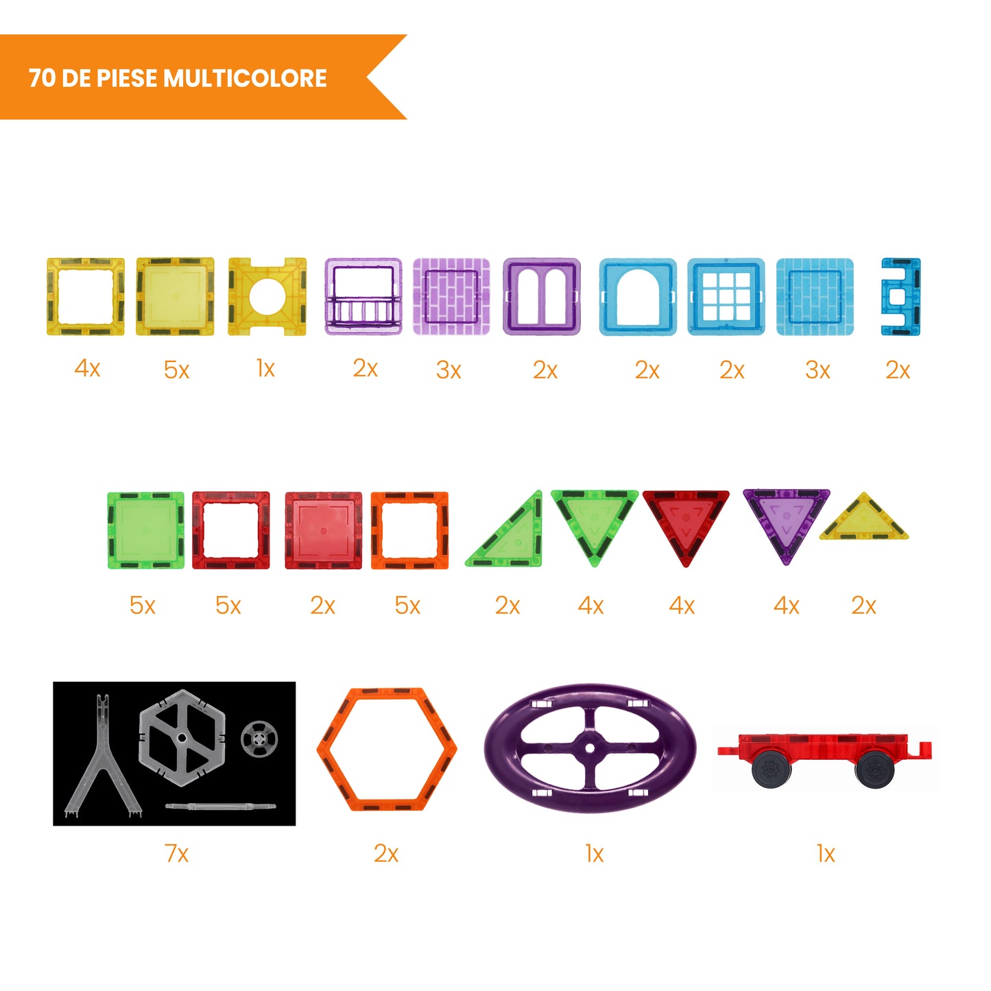 Set Inteligent de Constructie Magnetic IdealSTORE The World of Blocks 3D, dezvolta imaginatia si abilitatile mortice, numeroase posibilitati de construit, Educativ-Creativ, jucarie STEM, include 70 de piese multicolore