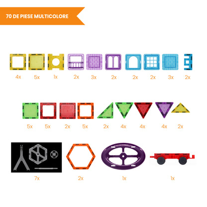 Set Inteligent de Constructie Magnetic IdealSTORE The World of Blocks 3D, dezvolta imaginatia si abilitatile mortice, numeroase posibilitati de construit, Educativ-Creativ, jucarie STEM, include 70 de piese multicolore