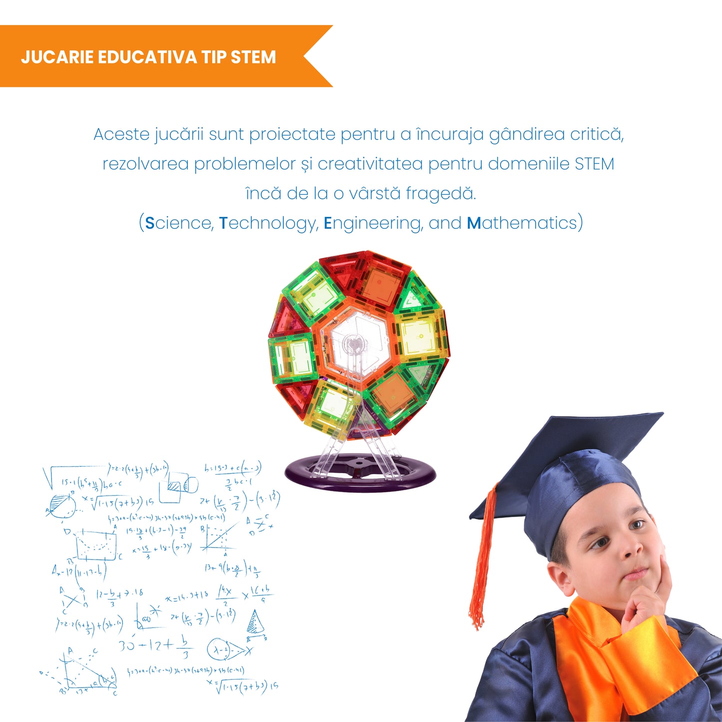 Set Inteligent de Constructie Magnetic IdealSTORE The World of Blocks 3D, dezvolta imaginatia si abilitatile mortice, numeroase posibilitati de construit, Educativ-Creativ, jucarie STEM, include 70 de piese multicolore