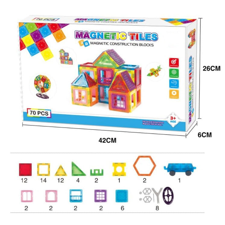 Set Inteligent de Constructie Magnetic IdealSTORE The World of Blocks 3D, dezvolta imaginatia si abilitatile mortice, numeroase posibilitati de construit, Educativ-Creativ, jucarie STEM, include 70 de piese multicolore